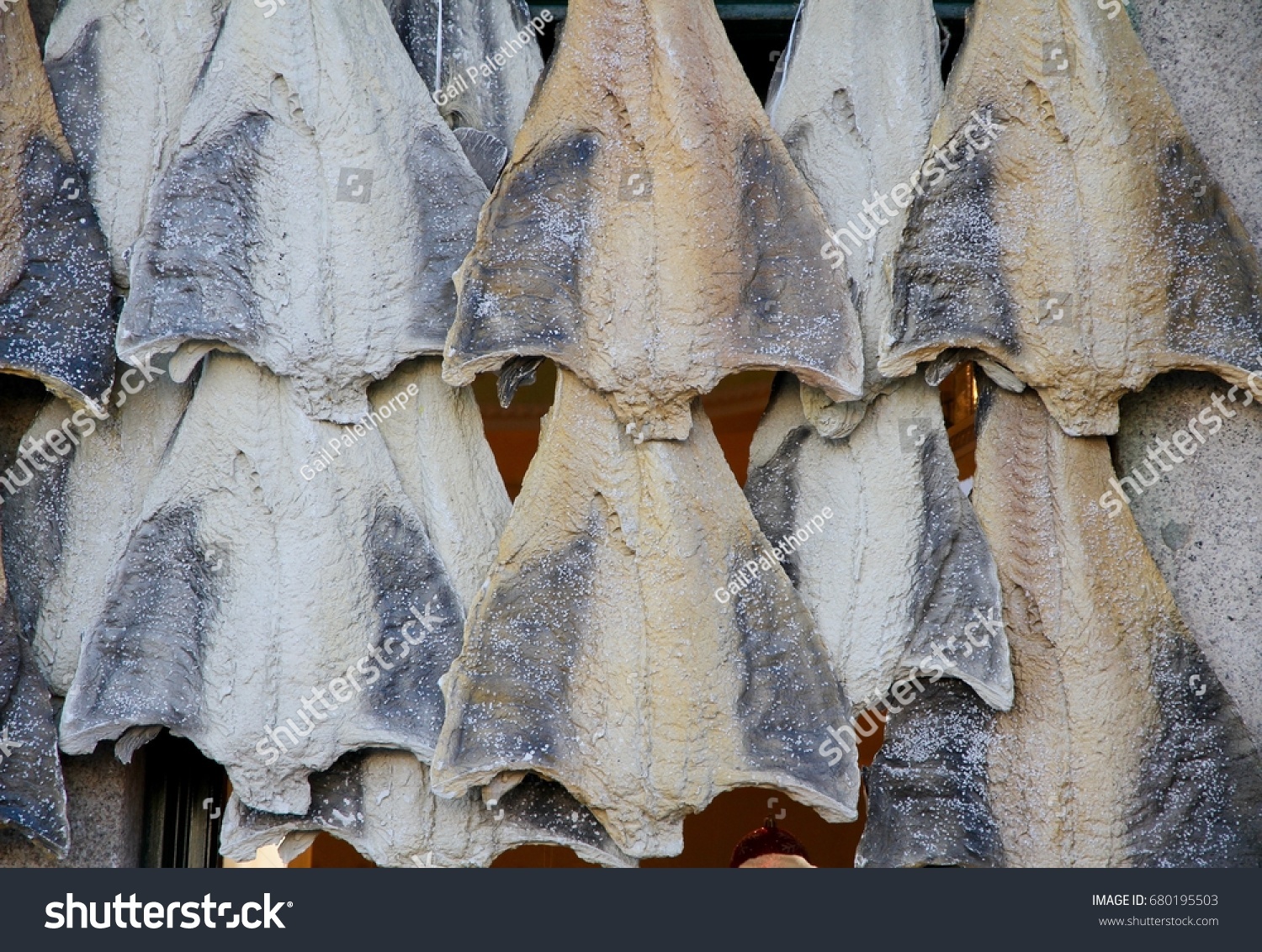 Salted cod hanging outside a shop in Porto, Portugal. #680195503