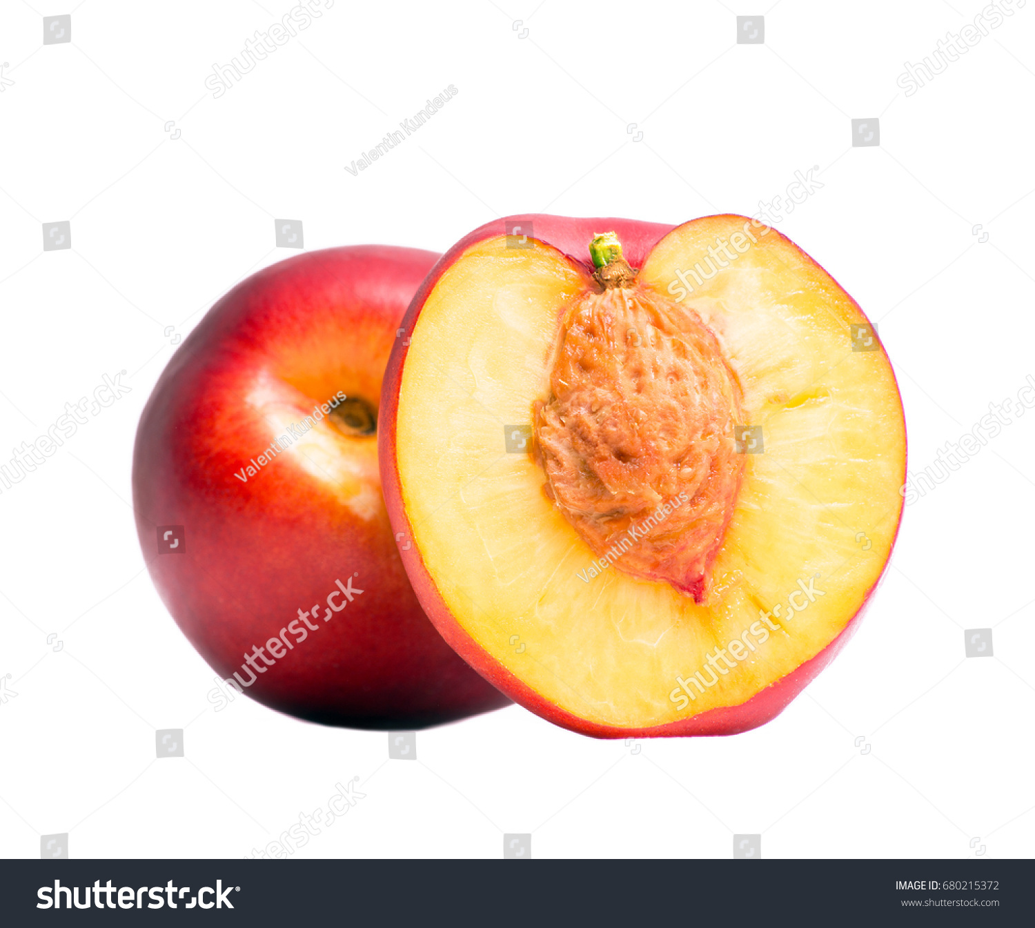 Nectarine whole and half of nectarine with a stone. Isolated nectarines on a white background. Summer juicy fruit. Healthy food. Bright juicy colors. #680215372