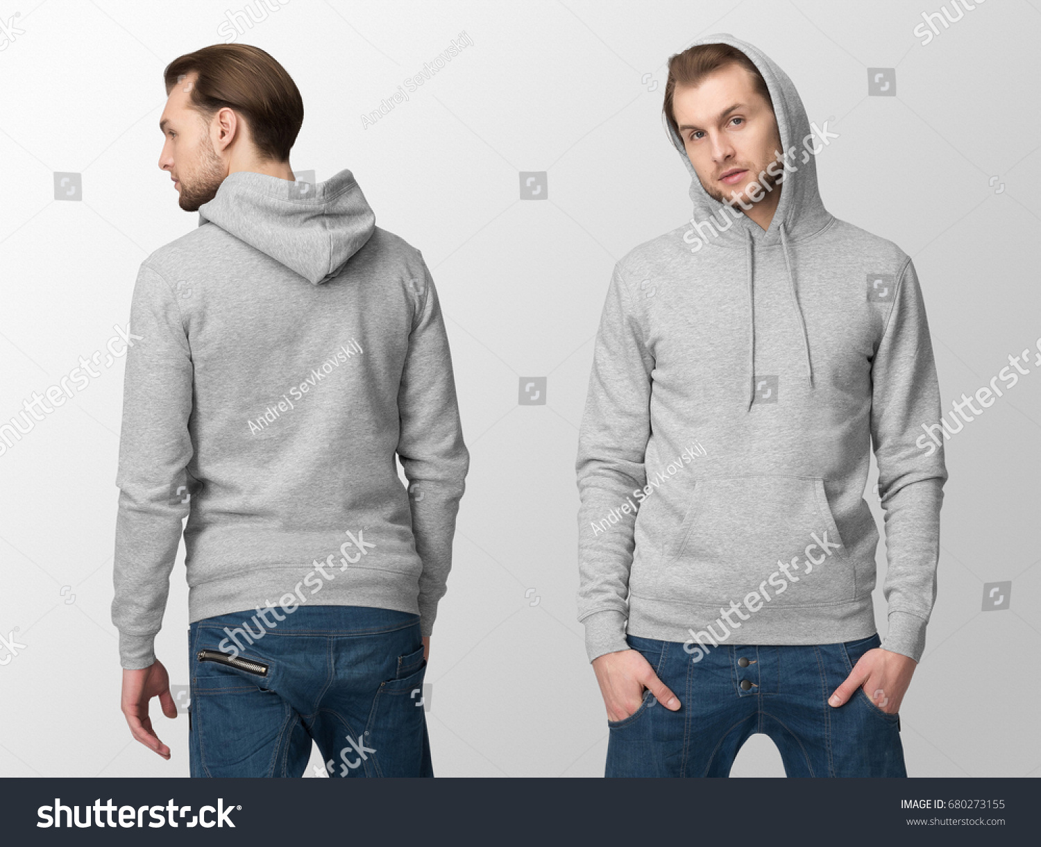 Heather grey hoodie on a young man in jeans, isolated, front and back, mockup. #680273155