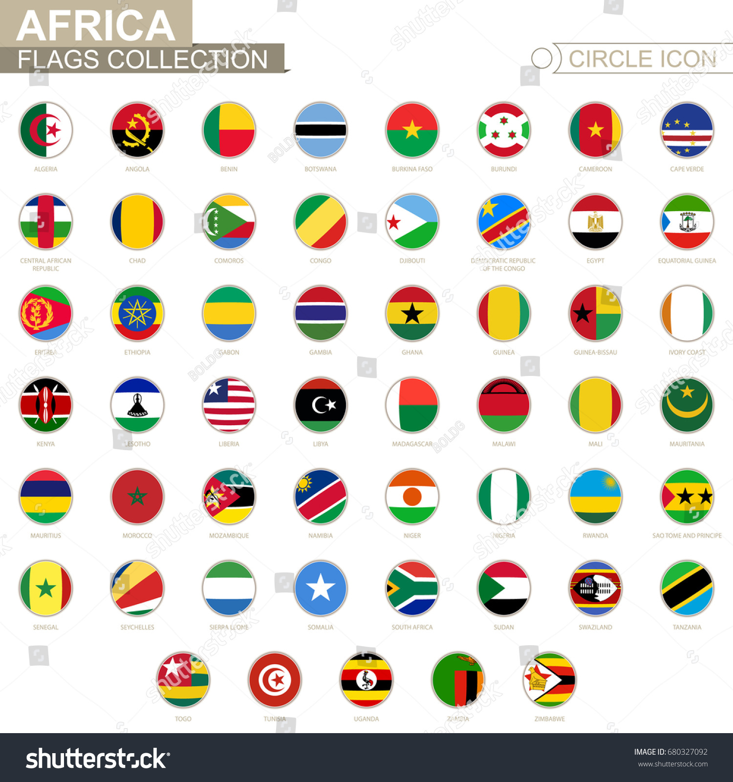 Alphabetically sorted circle flags of Africa. Set of round flags. Vector Illustration. #680327092