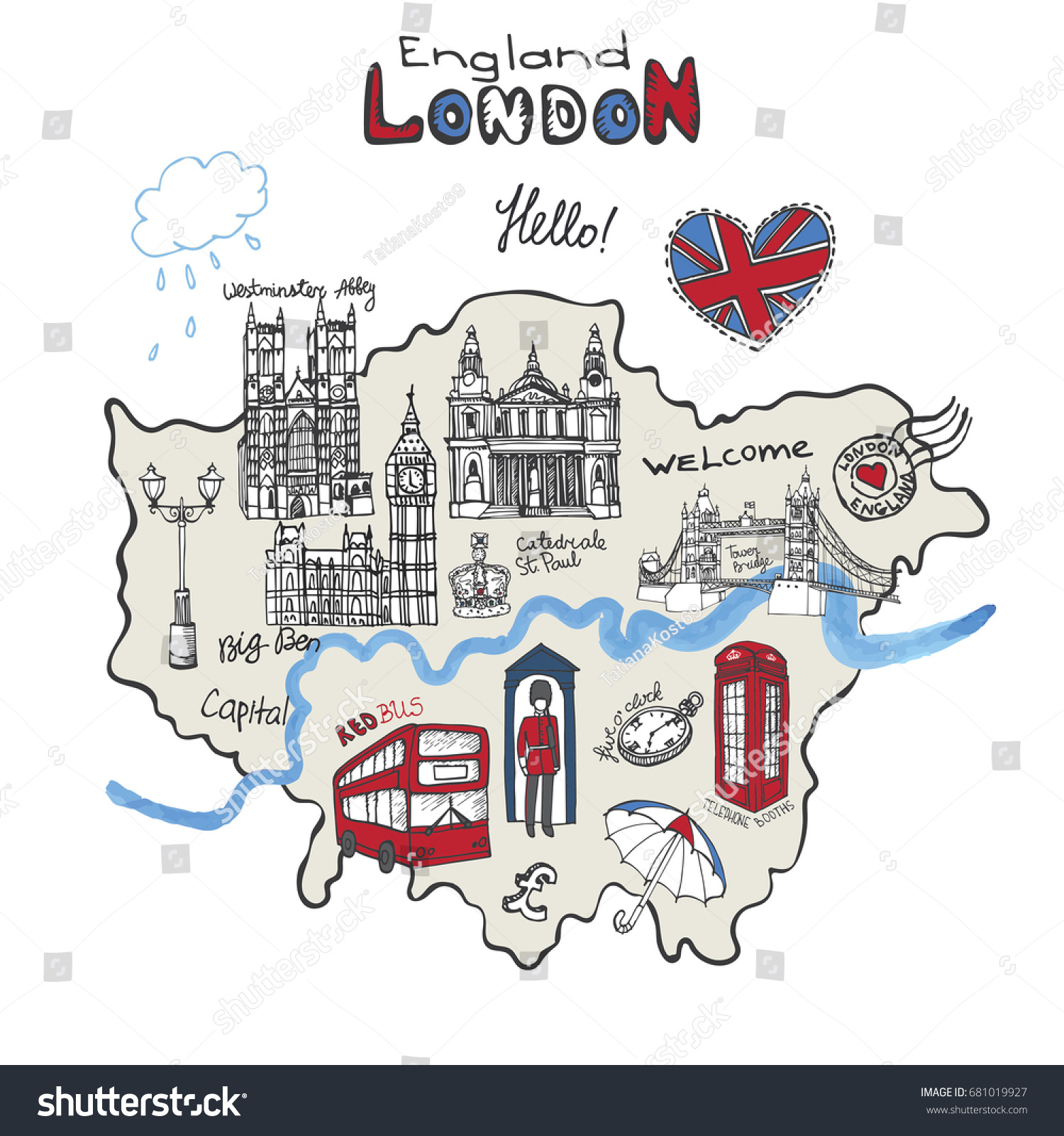 Vector London Map Landmark, Lettering.hand - Royalty Free Stock Vector 