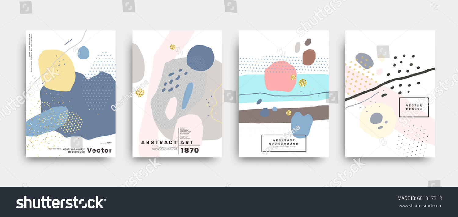 Covers templates set with trendy geometric patterns, colors and memphis retro elements. Modern design for placards, posters, presentations and banners. Vector illustrations. #681317713