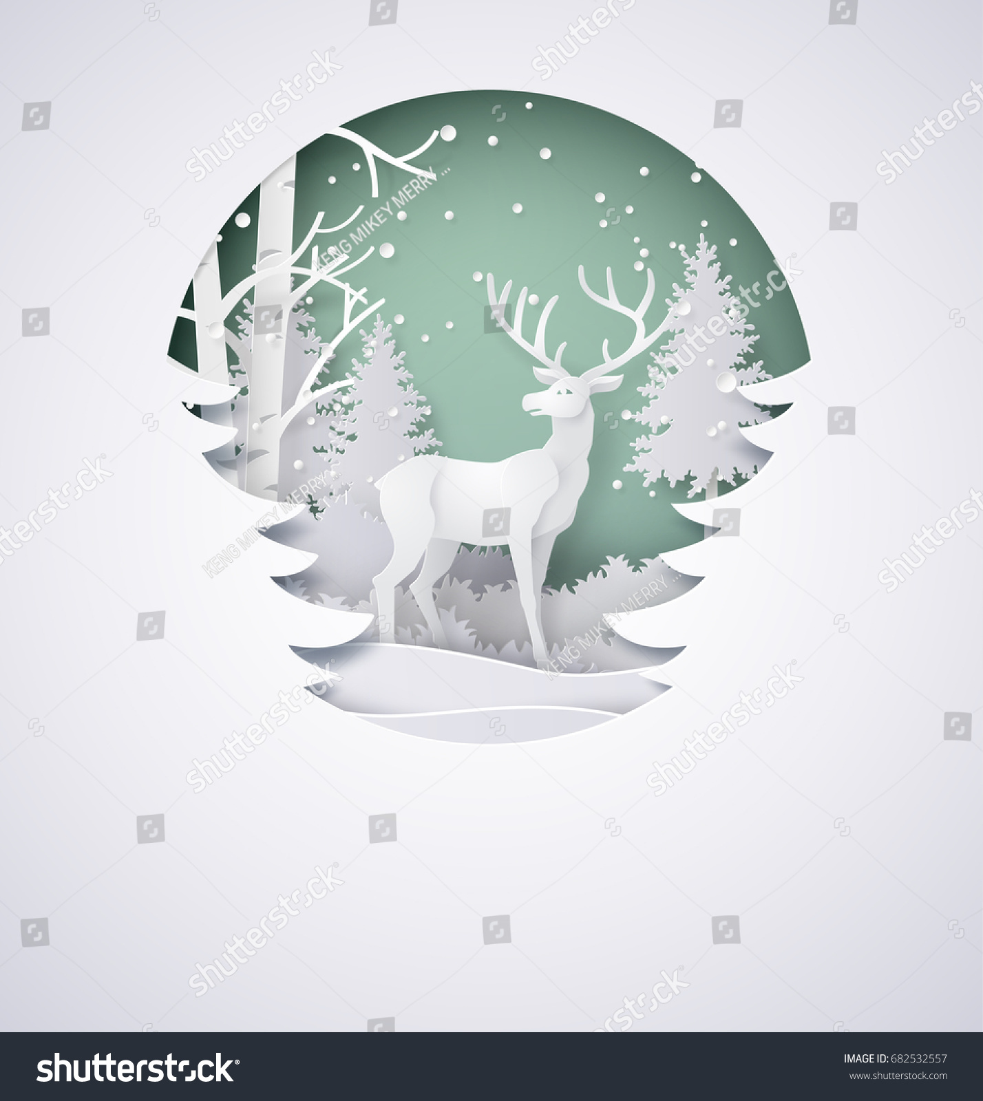 Deer in forest with snow in the winter season and christmas.vector paper art  and digital craft style. #682532557