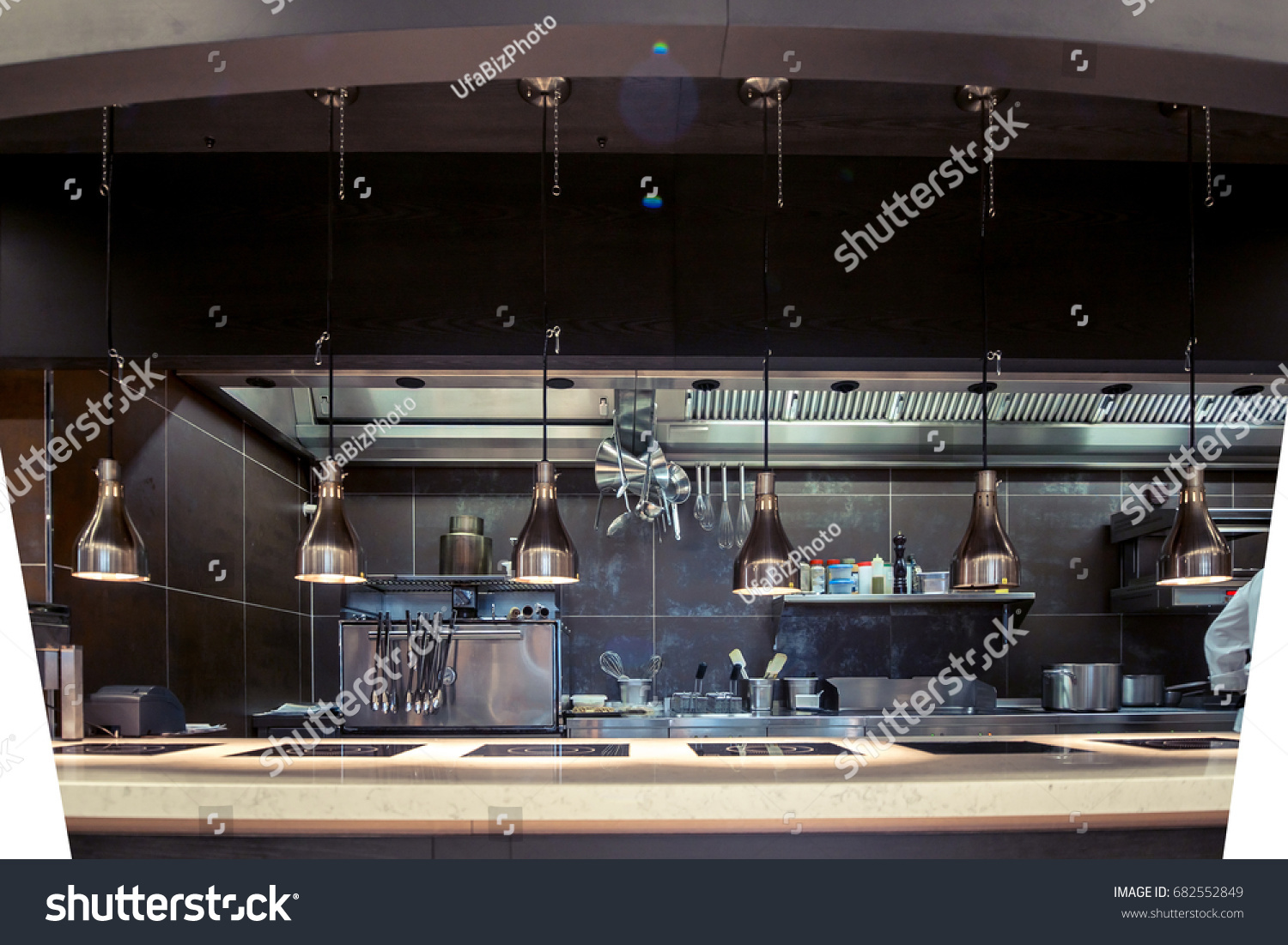 Professional kitchen , view counter in stainless steel . Bokeh . #682552849