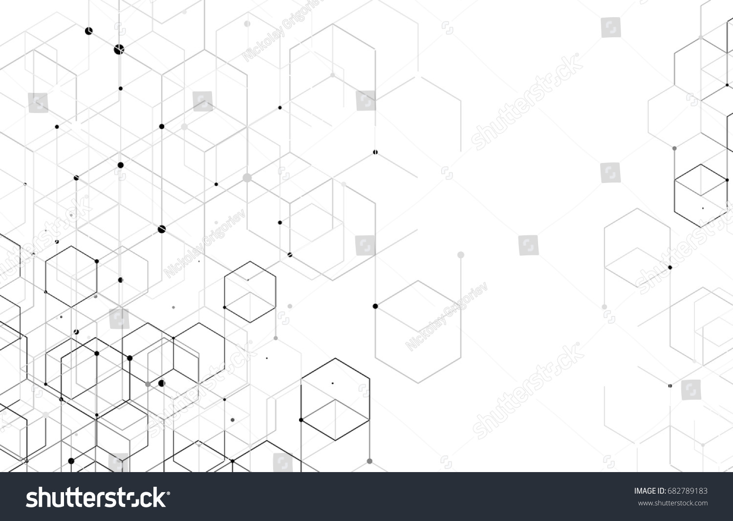 Vector abstract boxes background. Modern technology illustration with square mesh. Digital geometric abstraction with lines and points. Cube cell. #682789183