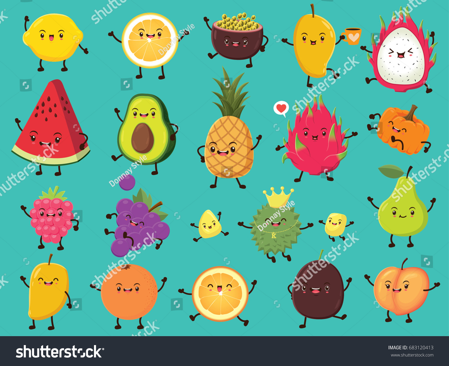 Vintage food poster design with vector lemon, passion fruit, mango, dragon fruit, avocado, pineapple, pumpkin, cherry, grapes, durian, pear, orange, peach character. #683120413
