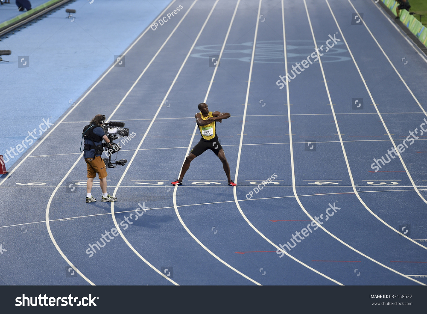 Rio de Janeiro, Brazil - august 18, 2016: Runner Usain Bolt (JAM) during 800m Men's run in the Rio 2016 Olympics #683158522