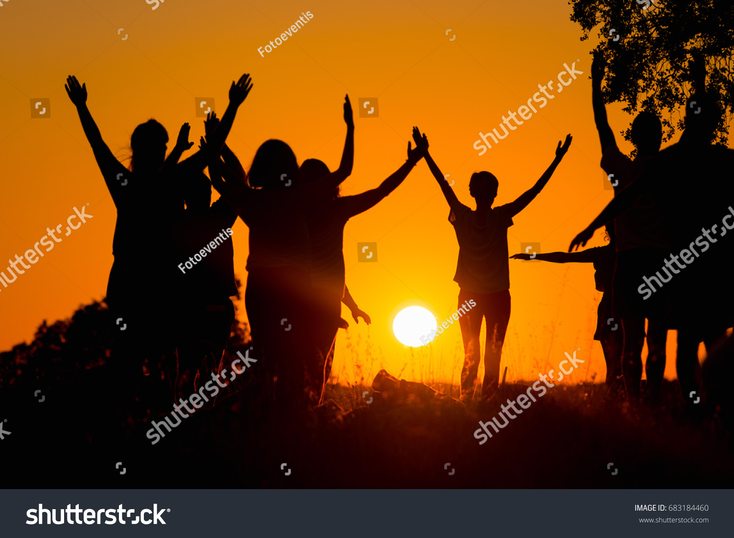 Silhouette of several people practicing yoga in the field #683184460