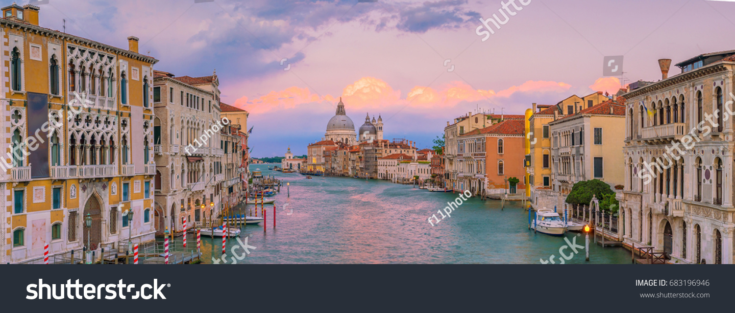 Grand Canal in Venice, Italy with Santa Maria della Salute Basilica in the background at twilight #683196946