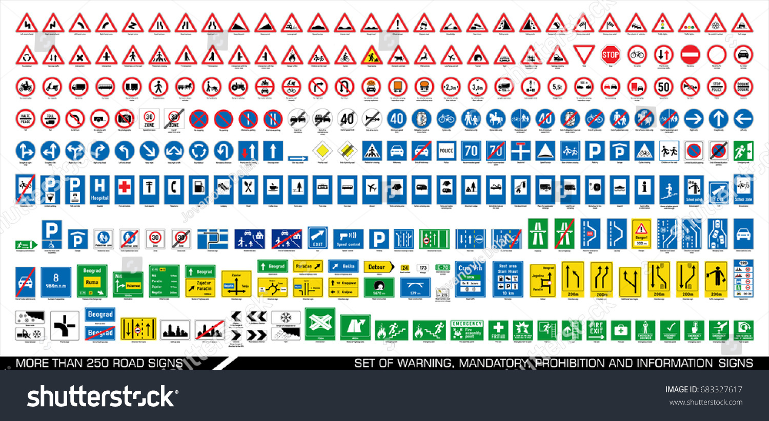 Collection of warning, mandatory, prohibition and information traffic signs. European traffic signs collection. Vector illustration.  #683327617