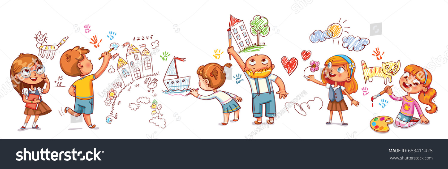 Cute kids paint drawings on the wall. Seamless children's panorama for your design. Template for advertising brochure. Funny cartoon character. Vector illustration. Isolated on white background #683411428