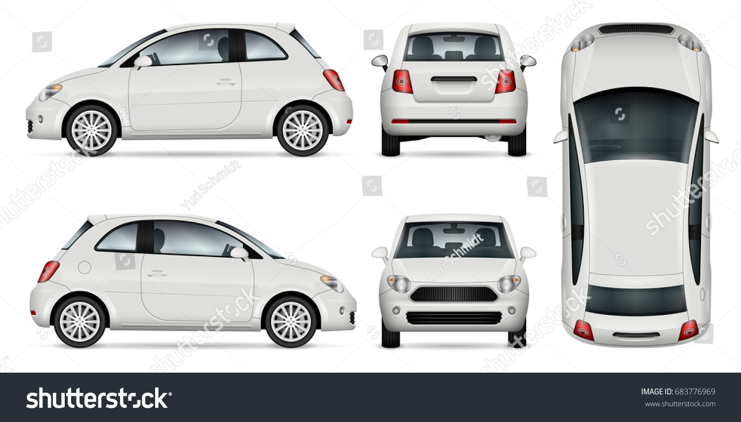 Mini car vector template for car branding and advertising. Isolated minicar set on white background. All layers and groups well organized for easy editing and recolor. View from side, front, back, top #683776969