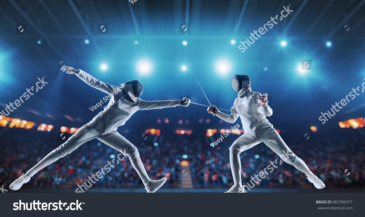 Two female fencing athletes fight on professional sports arena with spectators and lense-flares. Women wear unbranded sports clothes. Arena is made in 3D. #683789377