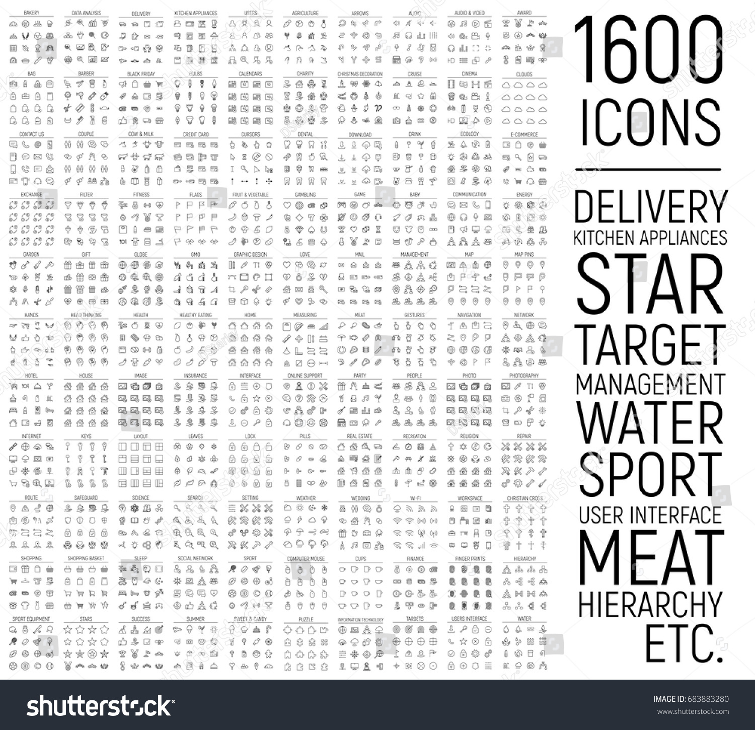 Exclusive 1600 thin line icons set. Big package of modern minimalistic pictograms for mobile UI/UX kit, infographics and web sites. High quality delivery, meat, water, sport, target and other signs #683883280