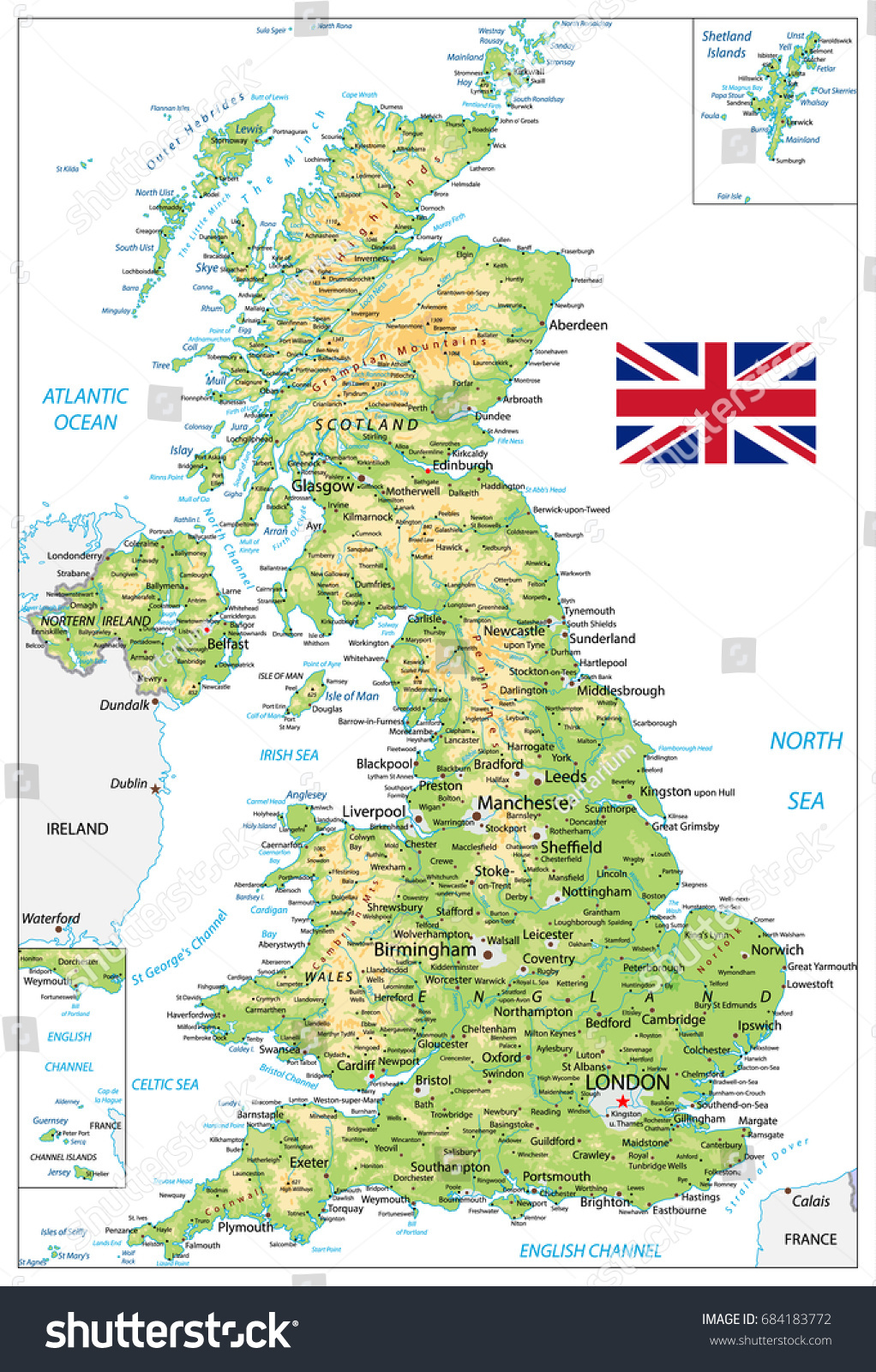 United Kingdom Physical Map with city names - Royalty Free Stock Vector ...