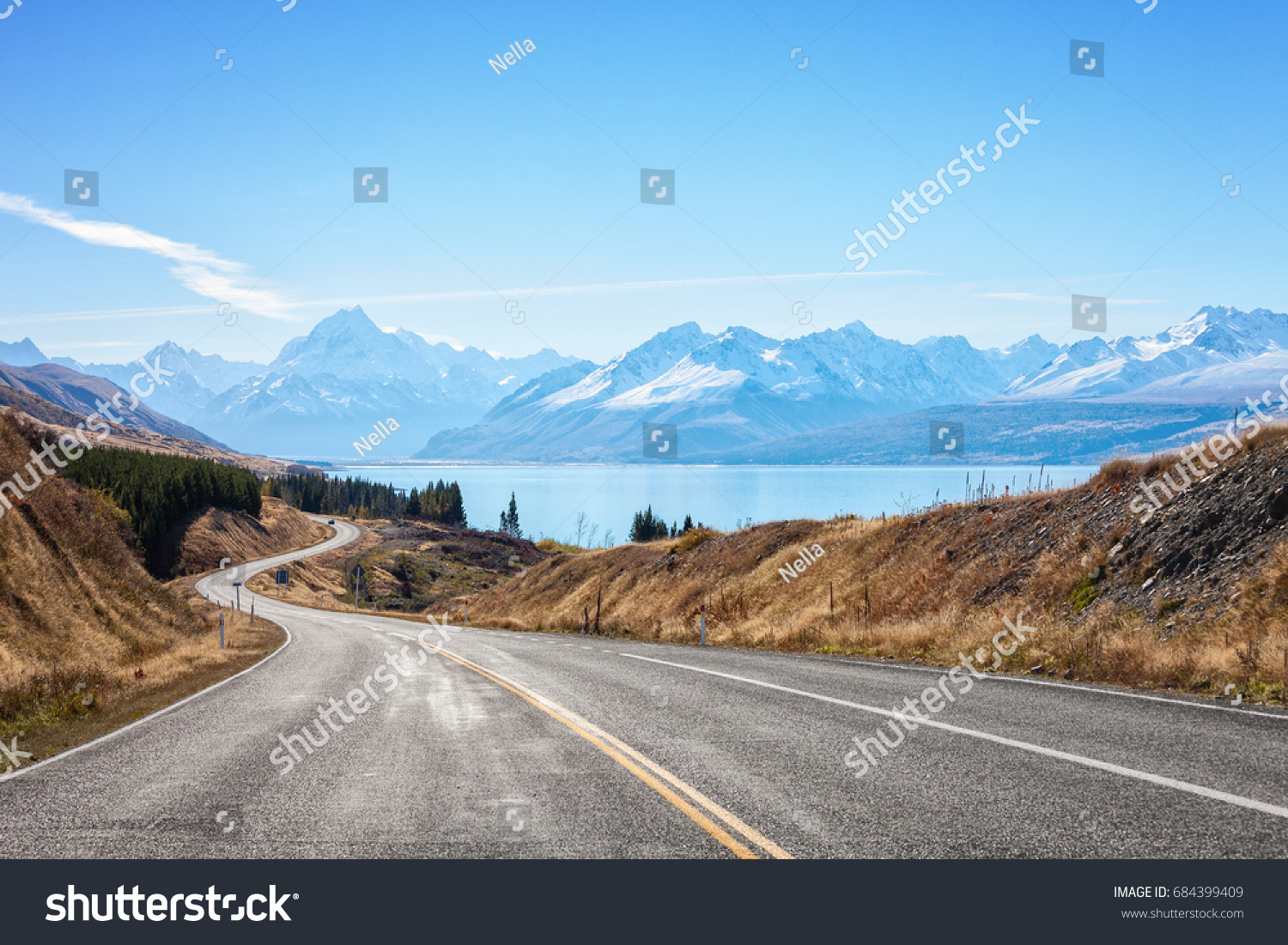 Scenic Road to Mount Cook National Park (near  Lake Pukaki) ,South Island, New Zealand. #684399409