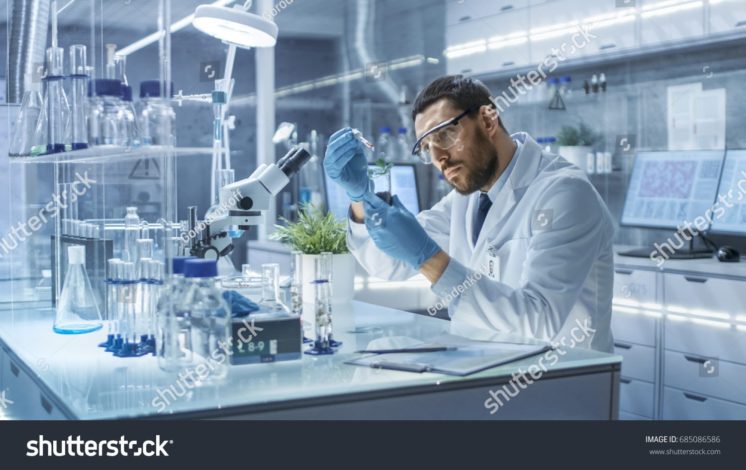 In a Modern Laboratory Research Scientist Conducts Experiments by Synthesising Compounds with use of Dropper and Plant in a Test Tube. #685086586