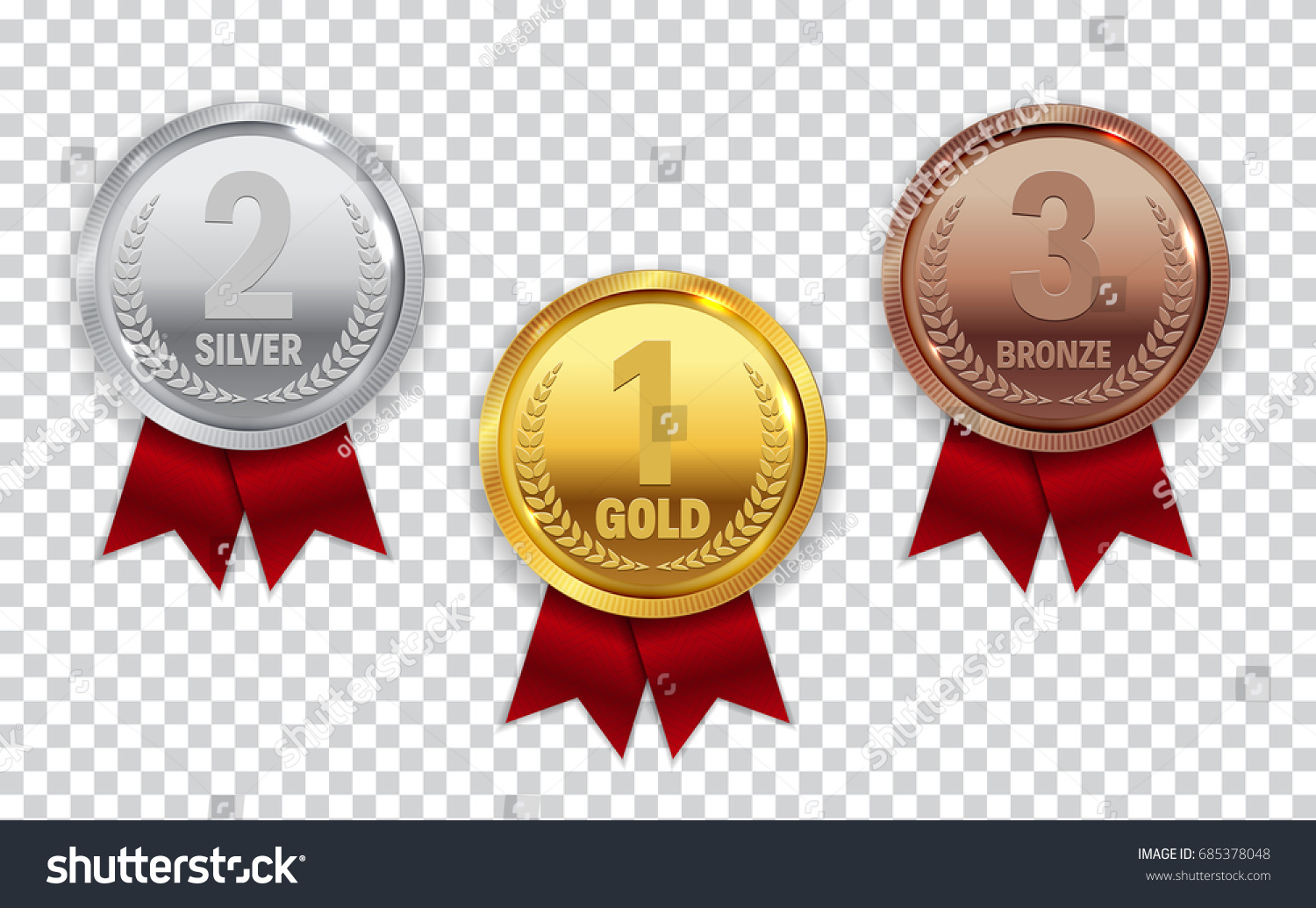 Champion Gold, Silver and Bronze Medal with Red Ribbon Icon Sign First, Second and Third Place Collection Set Isolated on Transparent Background. Vector Illustration EPS10 #685378048