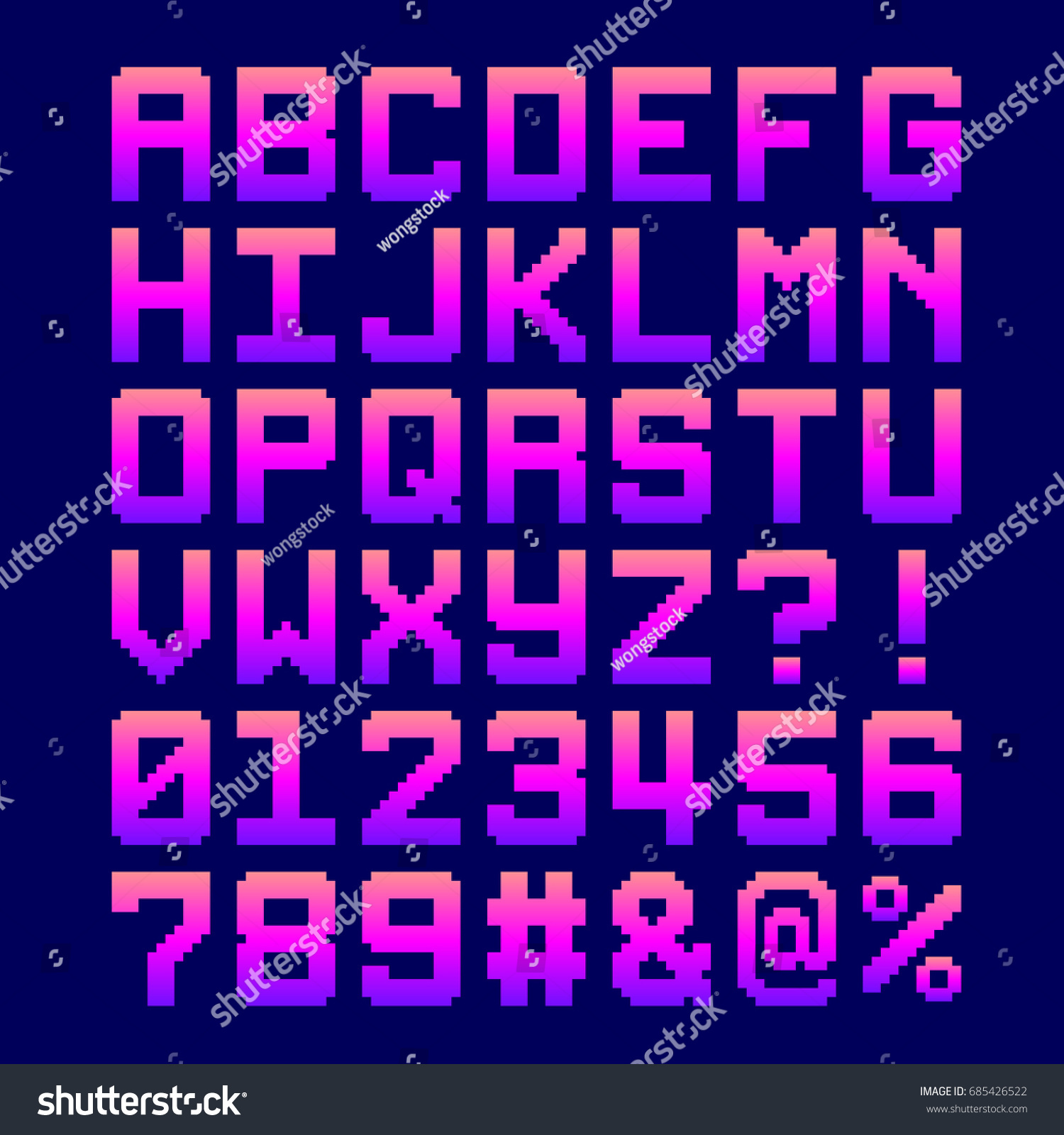 8-Bit Pixel Font - Letter and Numbers in a Pink Gradient. EPS8 Vector #685426522