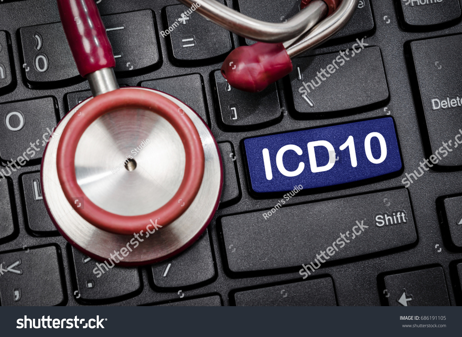 International Classification of Diseases and Related Health Problem 10th Revision or ICD-10 and stethoscope medical on computer keyboard. #686191105