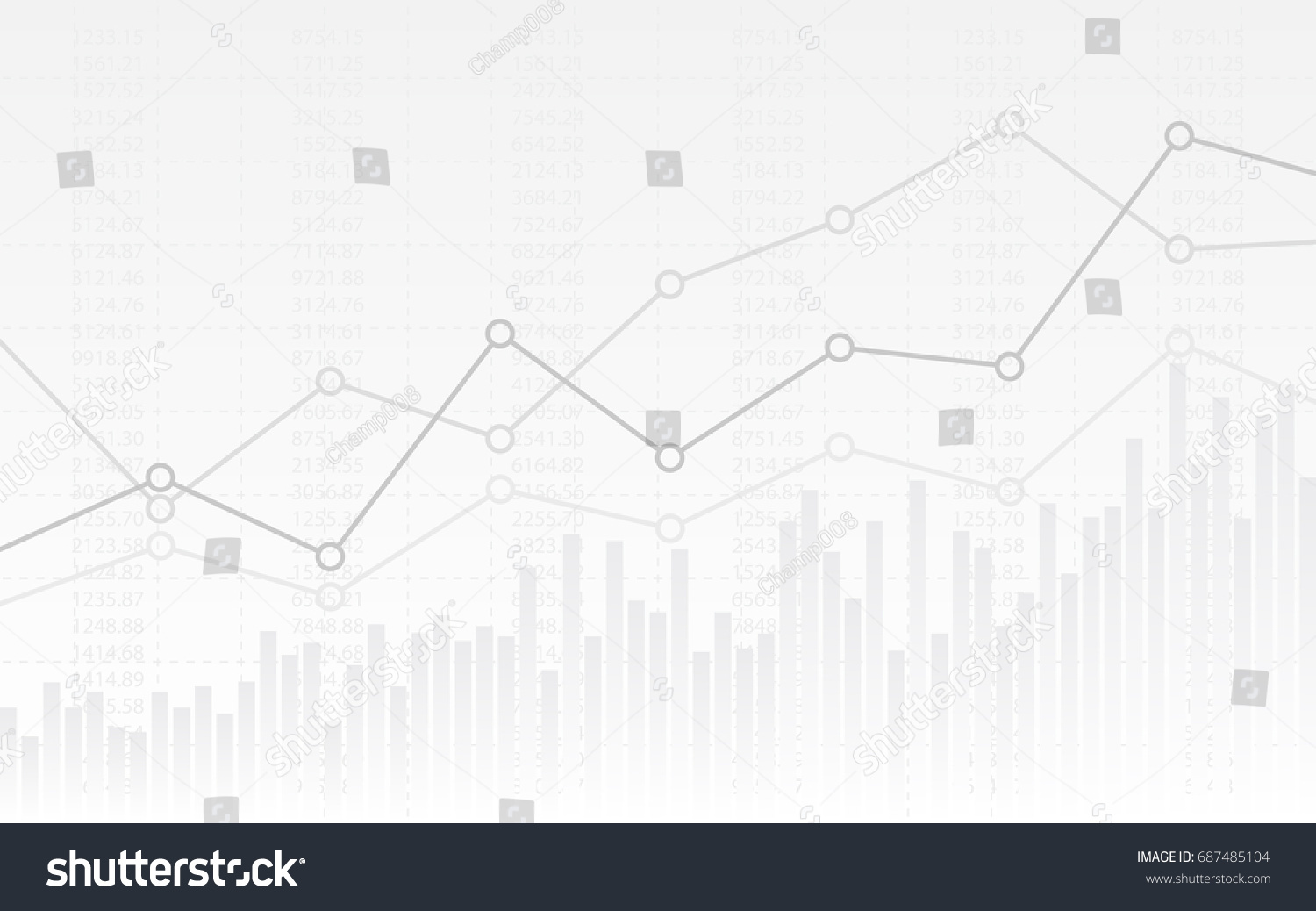 abstract financial chart with uptrend line graph and numbers in stock market on gradient white color background #687485104