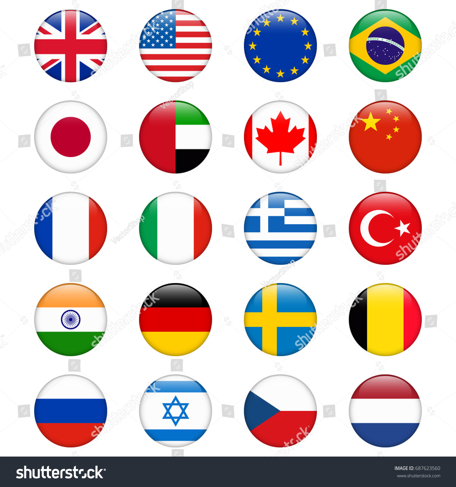 Set of popular country flags. Glossy round icon set. #687623560