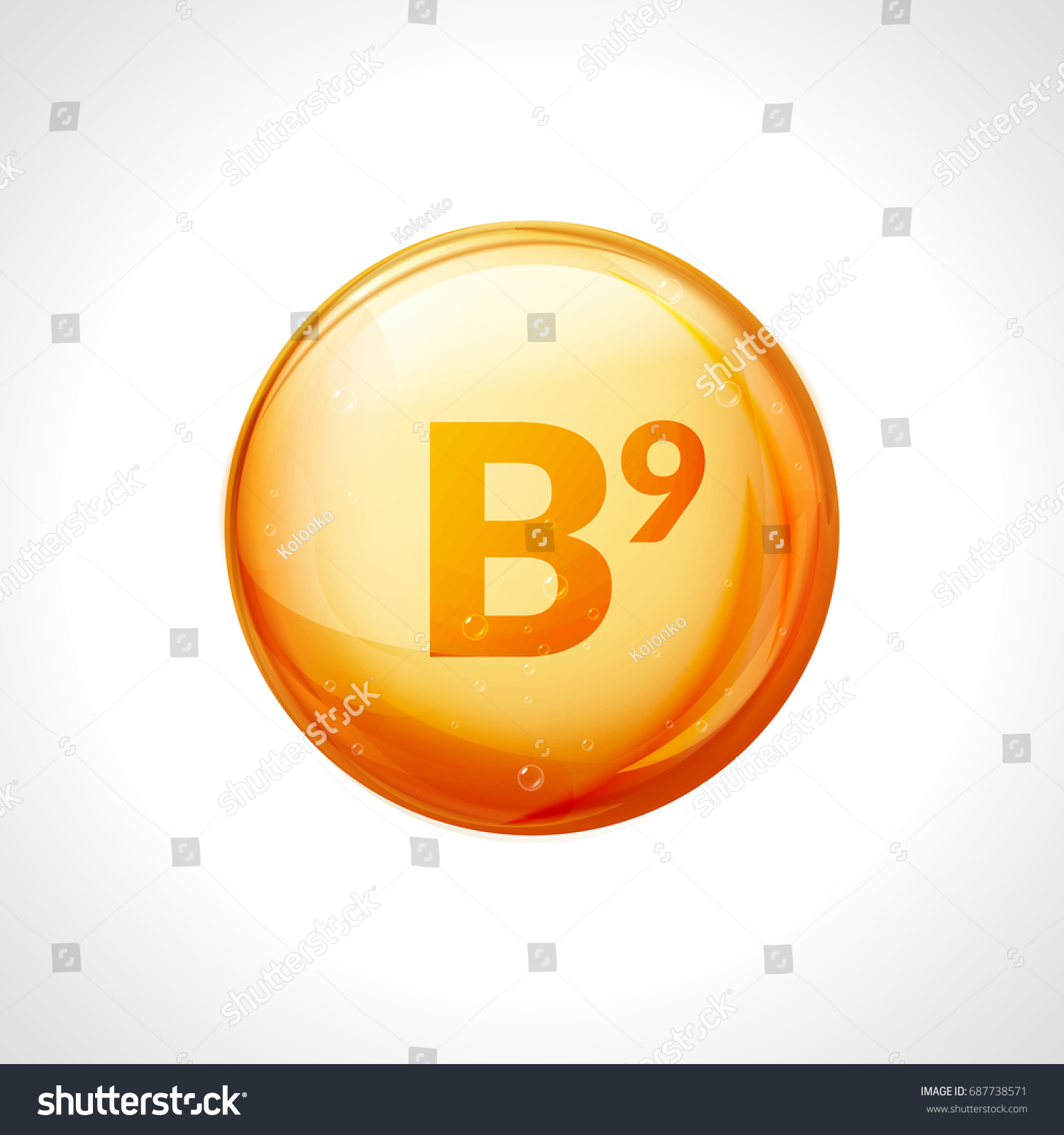 Vitamin B9 gold icon. Folic acid treatment skin care. Healthy pill natural medicine vitamin nutrition. #687738571