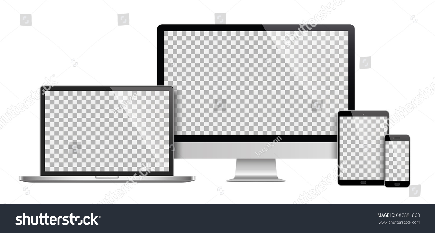 Realistic set of monitor, laptop, tablet, smartphone - Stock Vector illustration #687881860