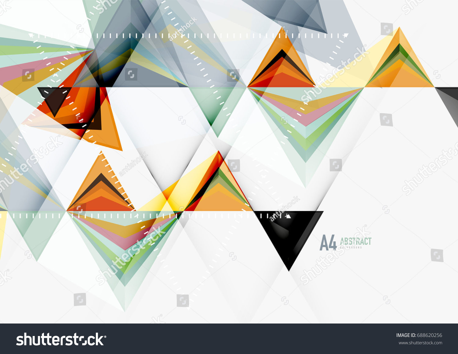 Triangular low poly vector a4 size geometric abstract template. Multicolored triangles on light background, futuristic techno or business design #688620256