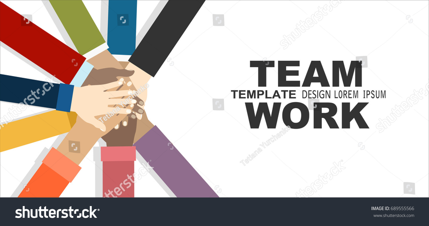 Young people putting their hands together. Friends with stack of hands showing unity and teamwork, top view. Vector flat illustration. #689555566