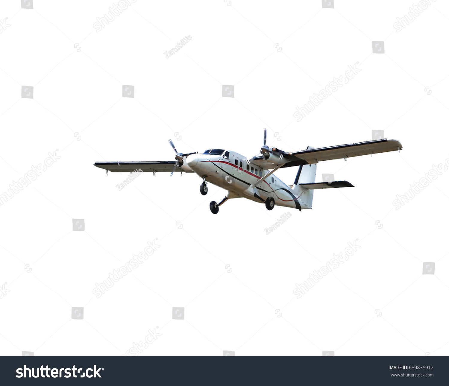 Flying small passenger propeller plane  isolated on white background         #689836912
