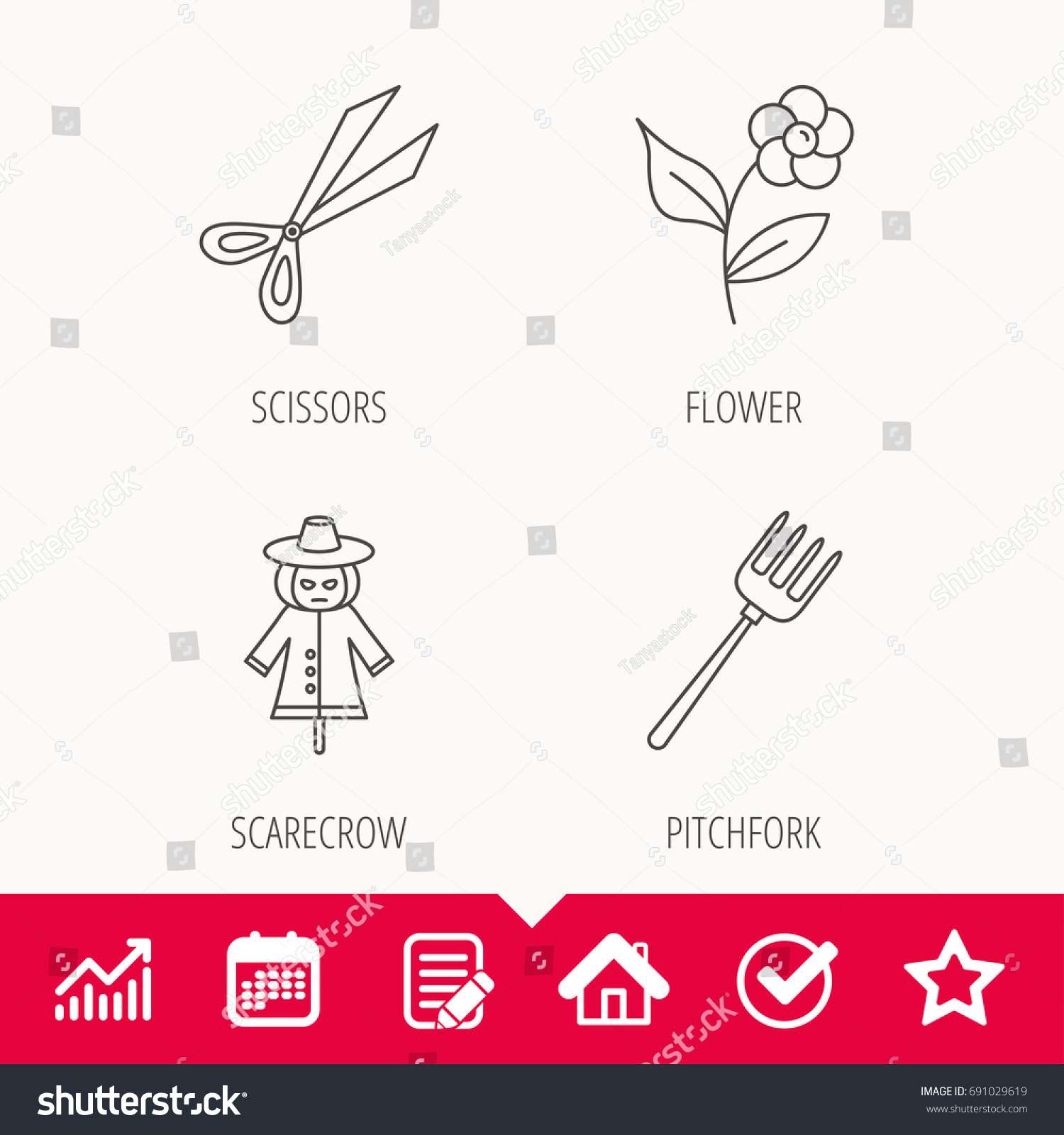 Scissors, flower and pitchfork icons. Scarecrow Royalty Free Stock