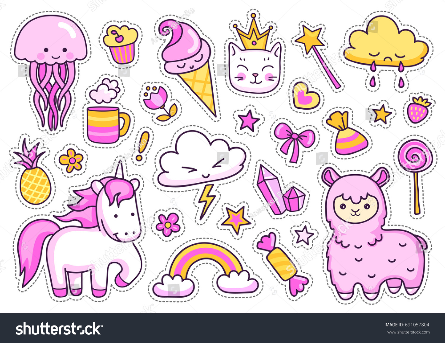 Magic unicorn, alpaca, kitten, jellyfish, cute animals, sweets, rainbow, clouds, stars, hearts. Set of stickers, patches, badges, pins, prints for kids. Doodle style. Vector isolated illustration. #691057804