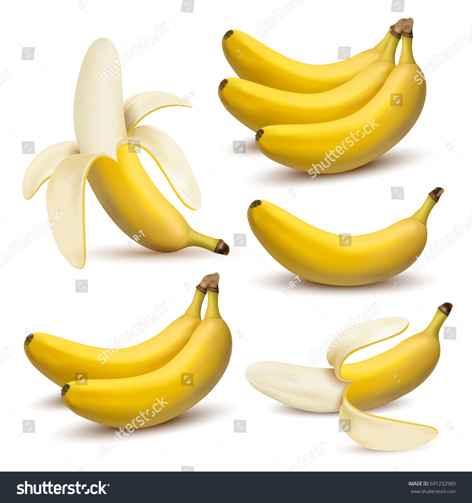 Set of 3d vector realistic illustration bananas. Banana,half peeled banana,bunch of bananas isolated on white background, banana icon #691232989