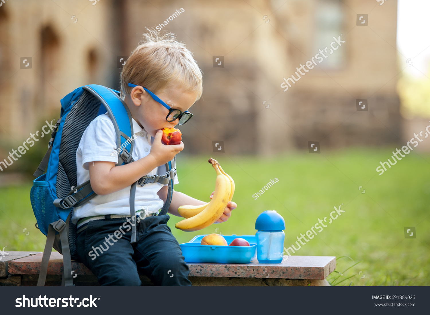 Cute schoolboy eating outdoors the school from plastick lunch boxe. Healthy school breakfast for child. Food for lunch, lunchboxes with sandwiches, fruits, vegetables, and water.  #691889026