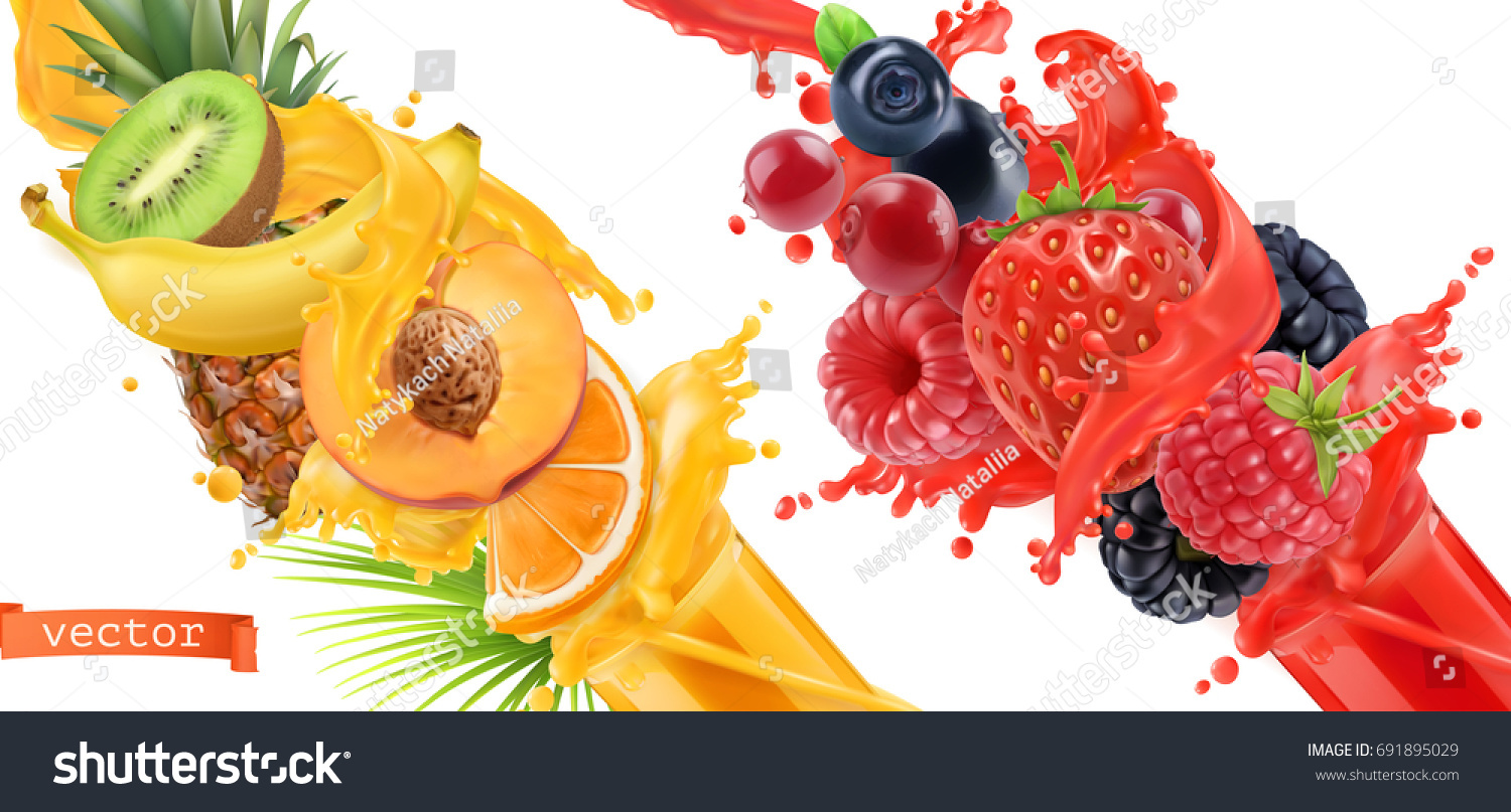 Fruit burst. Splash of juice. Sweet tropical fruits and mixed forest berries. 3d realistic vector icon set #691895029