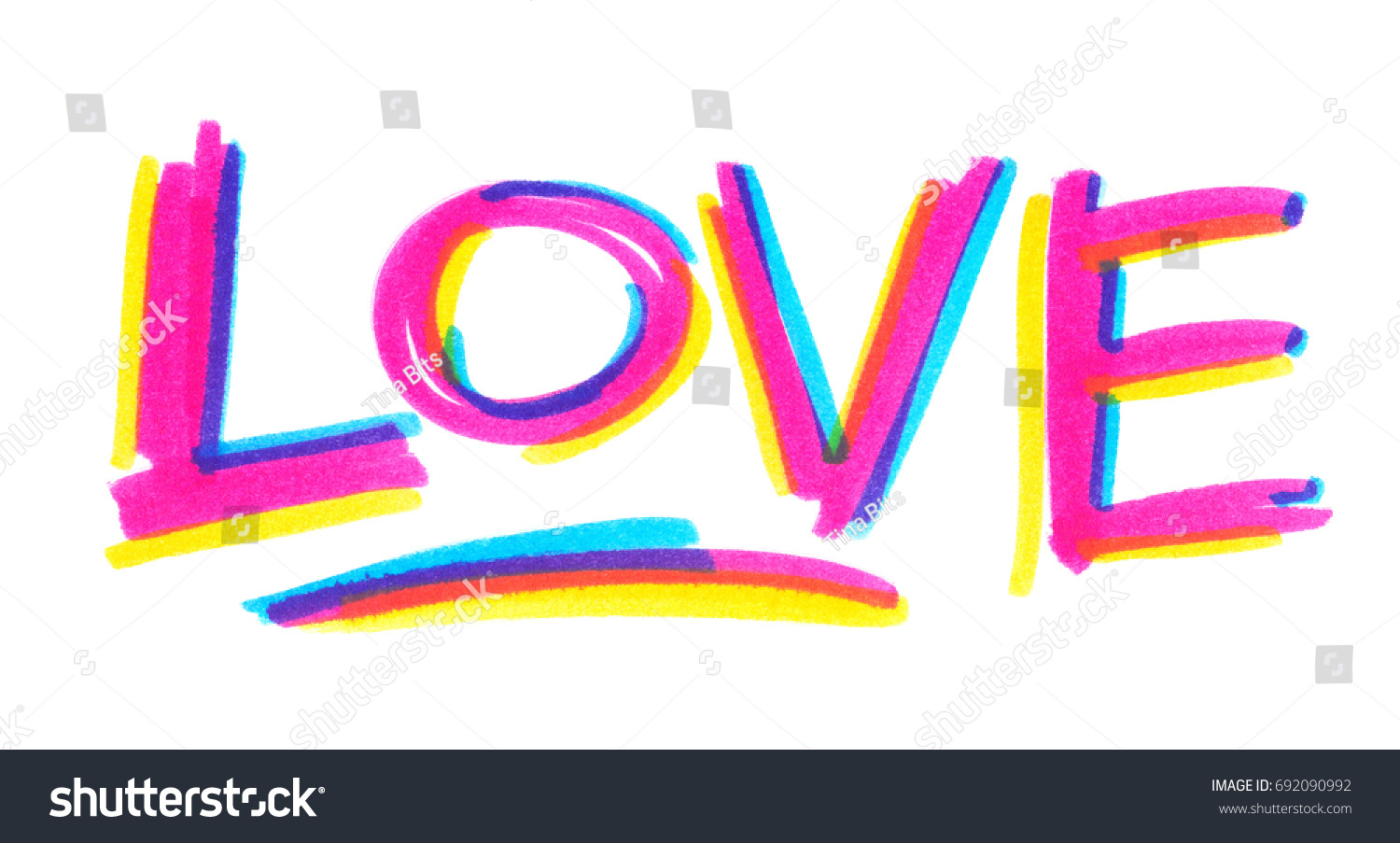 Word "love" painted in bright neon felt highlighter pen on clean white background #692090992