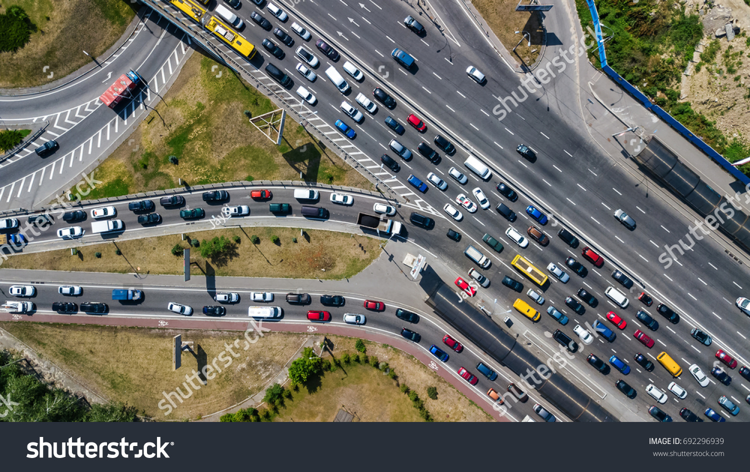 Aerial top view of road junction from above, automobile traffic and jam of many cars, transportation concept
 #692296939