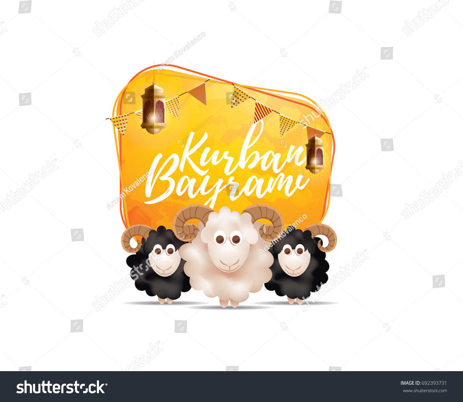 vector illustration. Muslim holiday Kurban Bayrami. sacrifice a ram or white and black sheep. graphic design decoration of flyers, posters, .month lamb and lamp.Translation from Turkish: Eid al-Adha #692393731