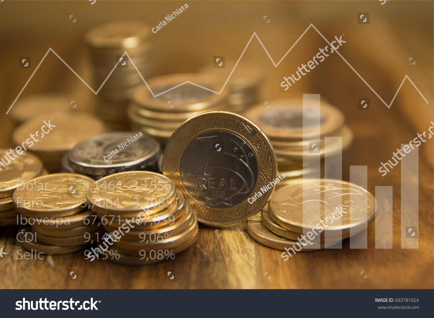 Brazilian coins and graphics. Economic indicators of Brazil. Selective focus and double exposure. #693781024