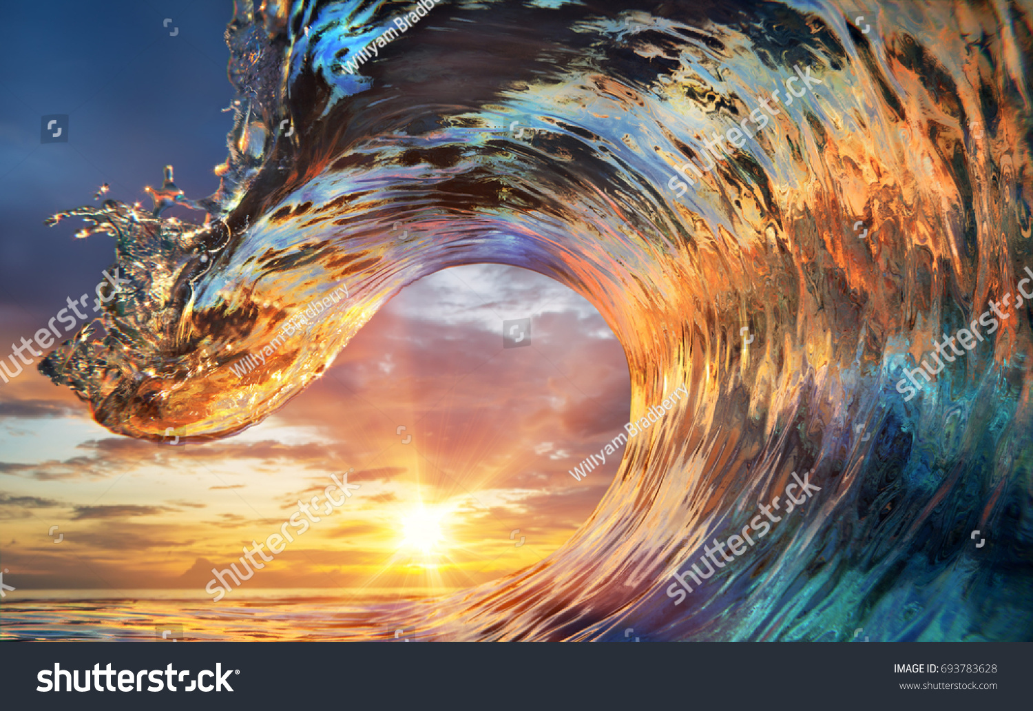 Colorful Ocean Wave. Sea water in crest shape. Sunset light and beautiful clouds on background #693783628