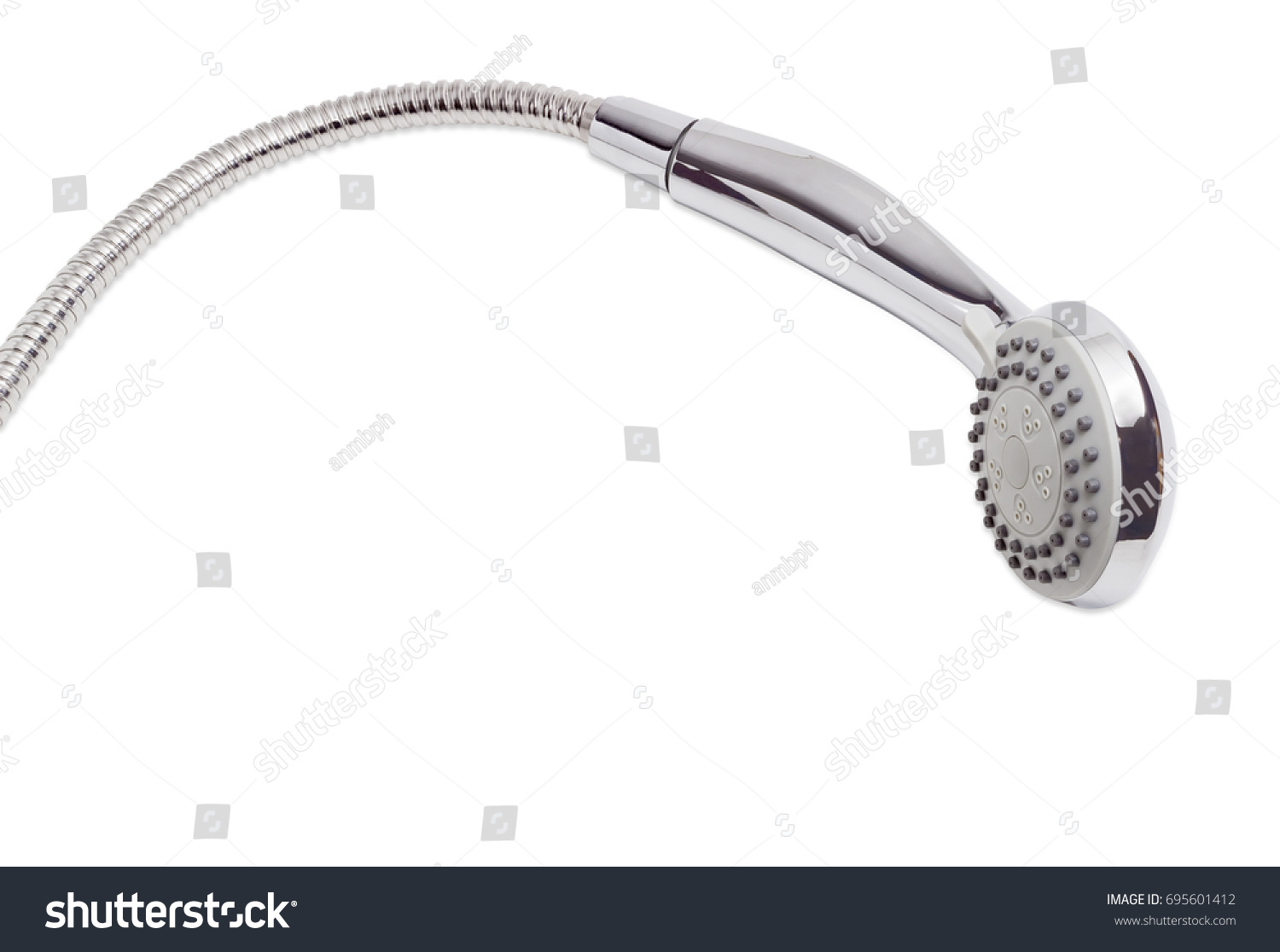 Eco shower head with the turn lever of a spray settings and metal shower hose on a white background
 #695601412