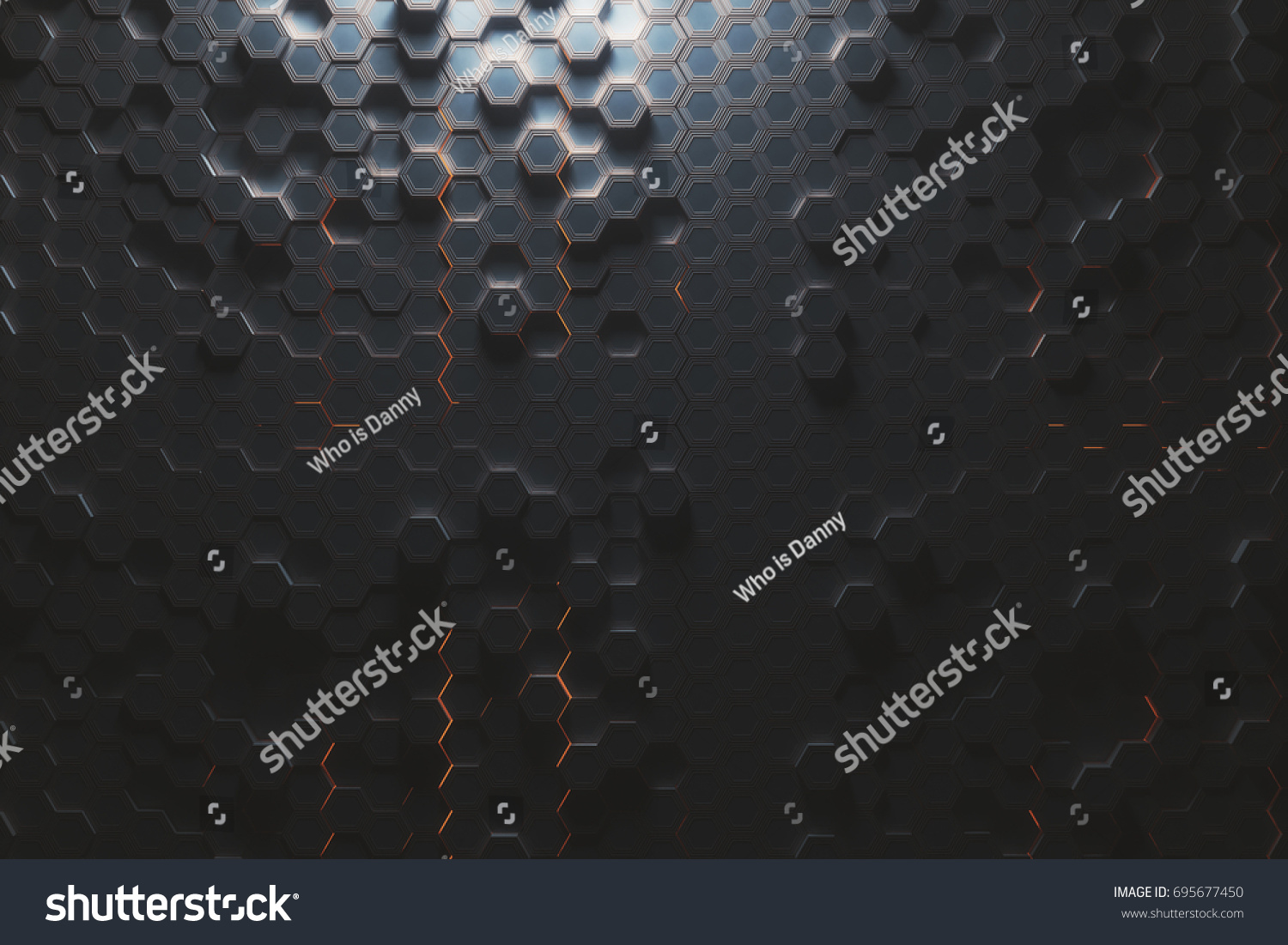 Futuristic glowing amber hexagonal or honeycomb background. Technology, future and innovation concept. 3D Rendering  #695677450