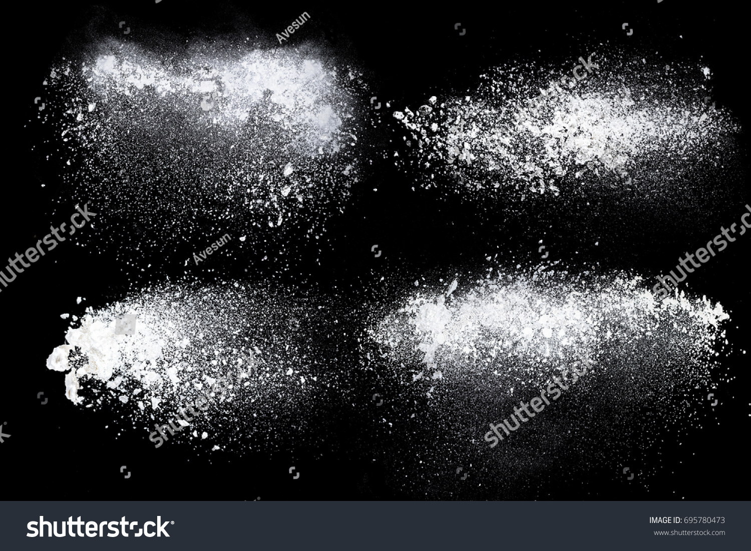 Set of dust powder splash clouds isolated on black background #695780473