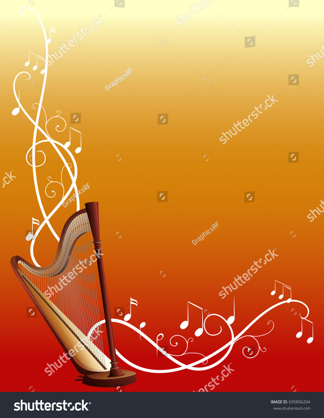 Background template with harp and music notes illustration #695806204