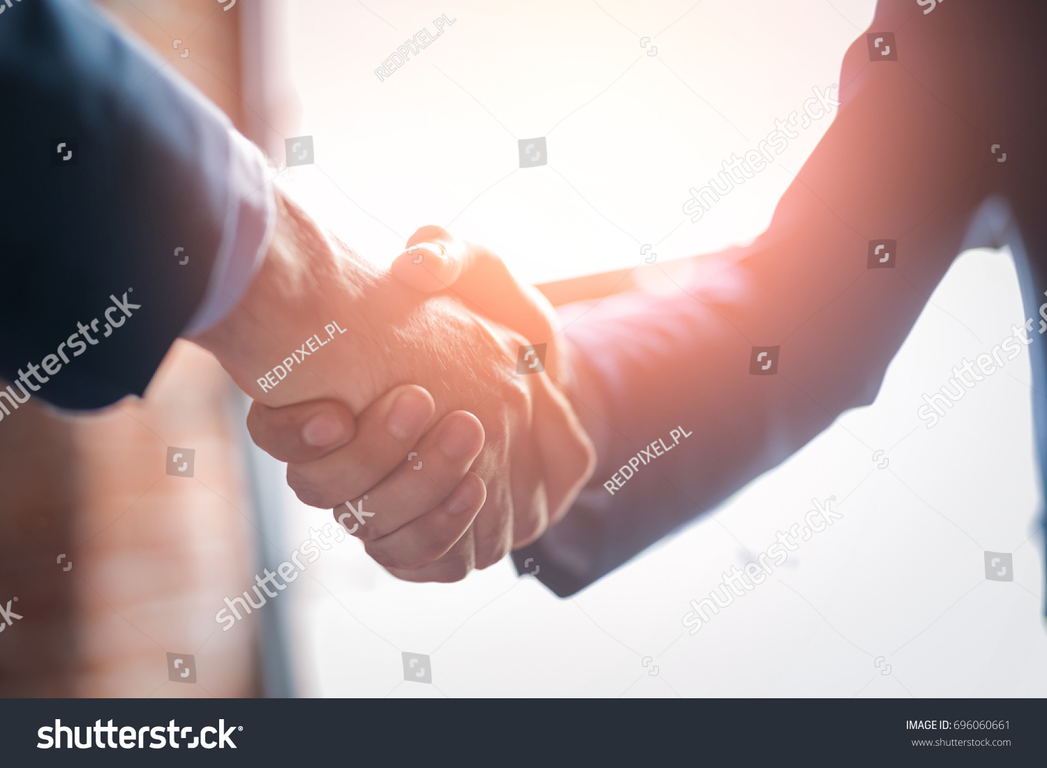 Business people shaking hands, finishing up meeting. Successful businessmen handshaking after good deal. #696060661