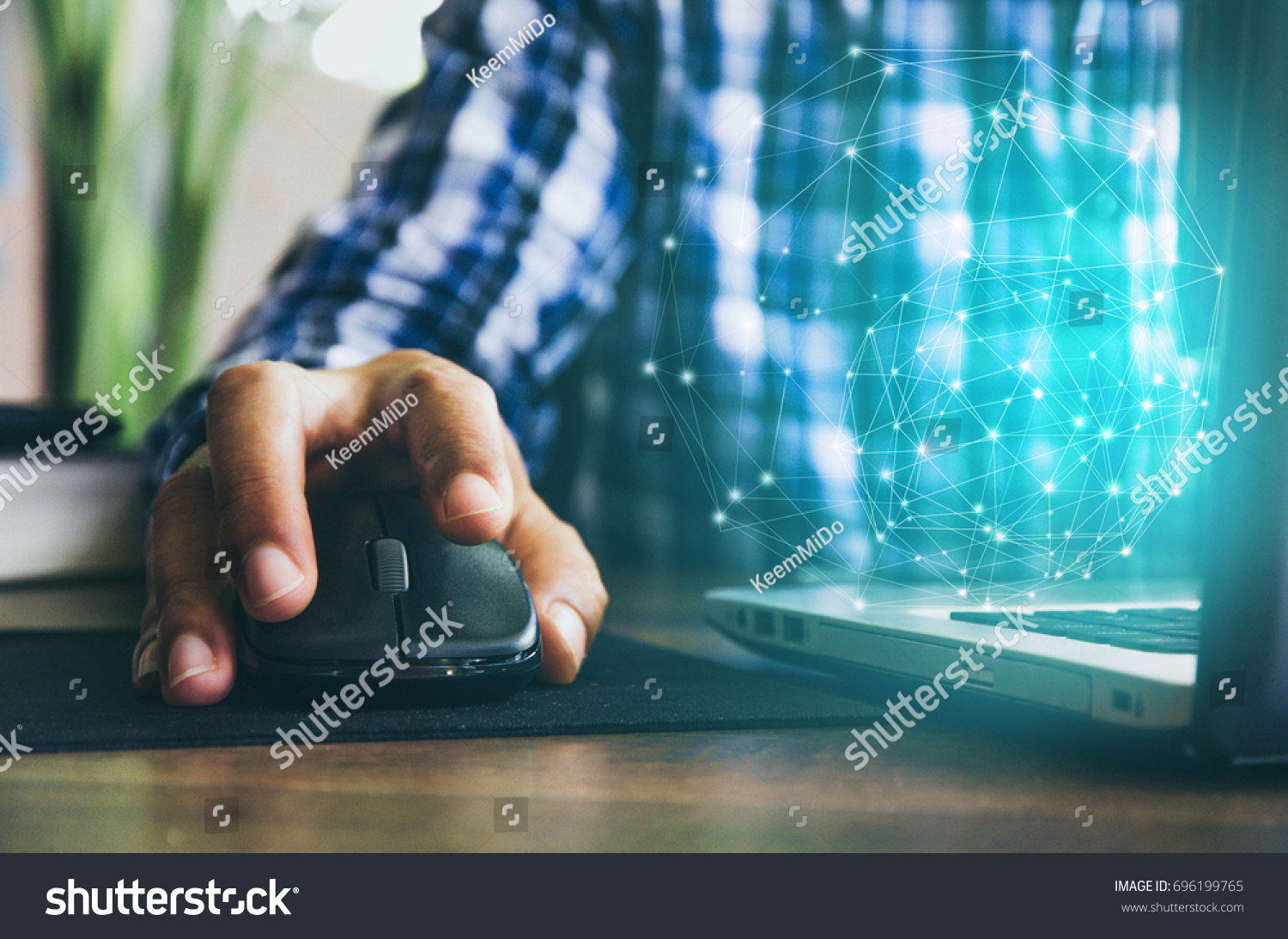 mouse click, man hand with mouse and laptop #696199765