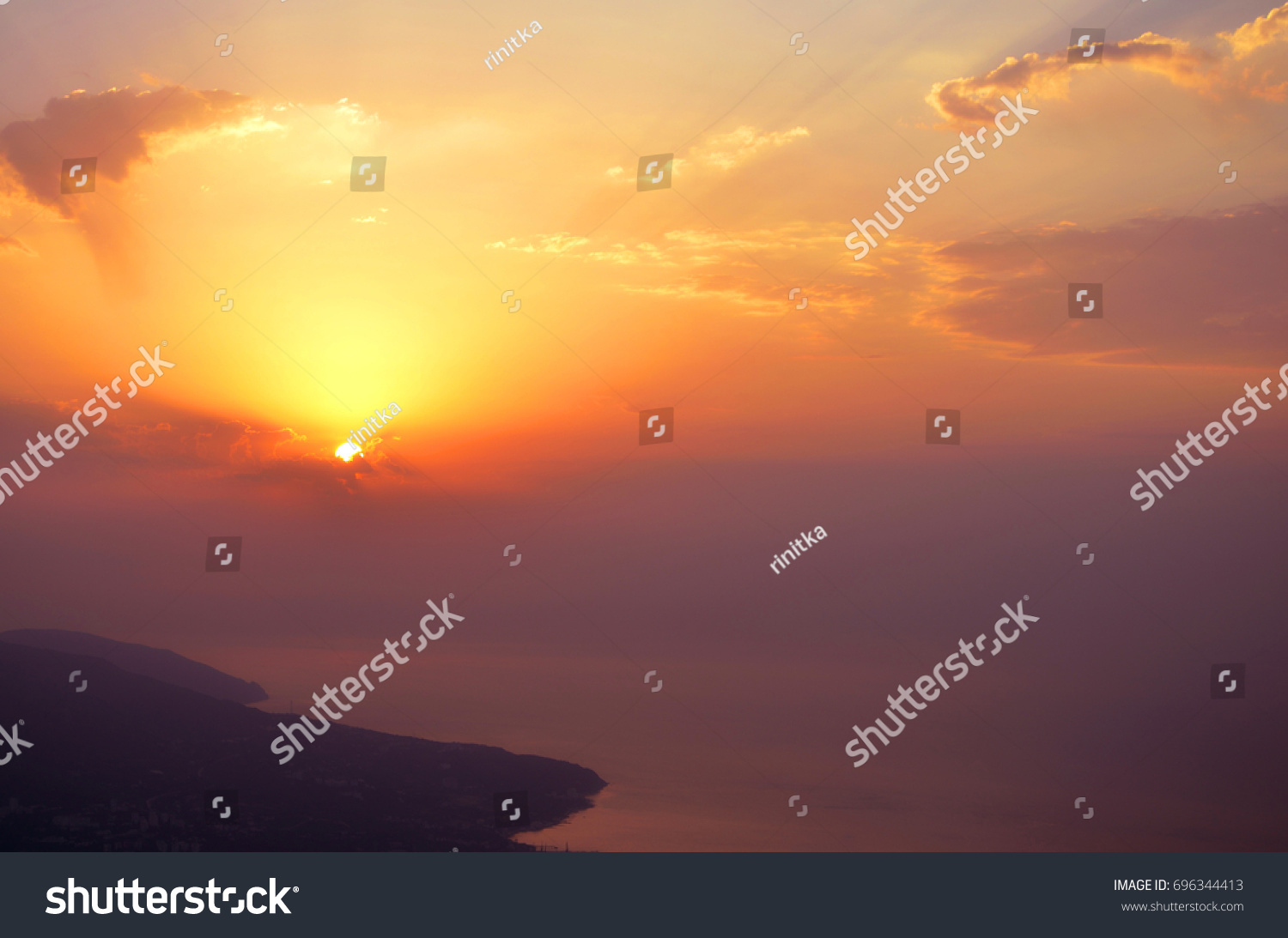 Background of sunrice im mountains in morning, Crimea, Ay Petry #696344413
