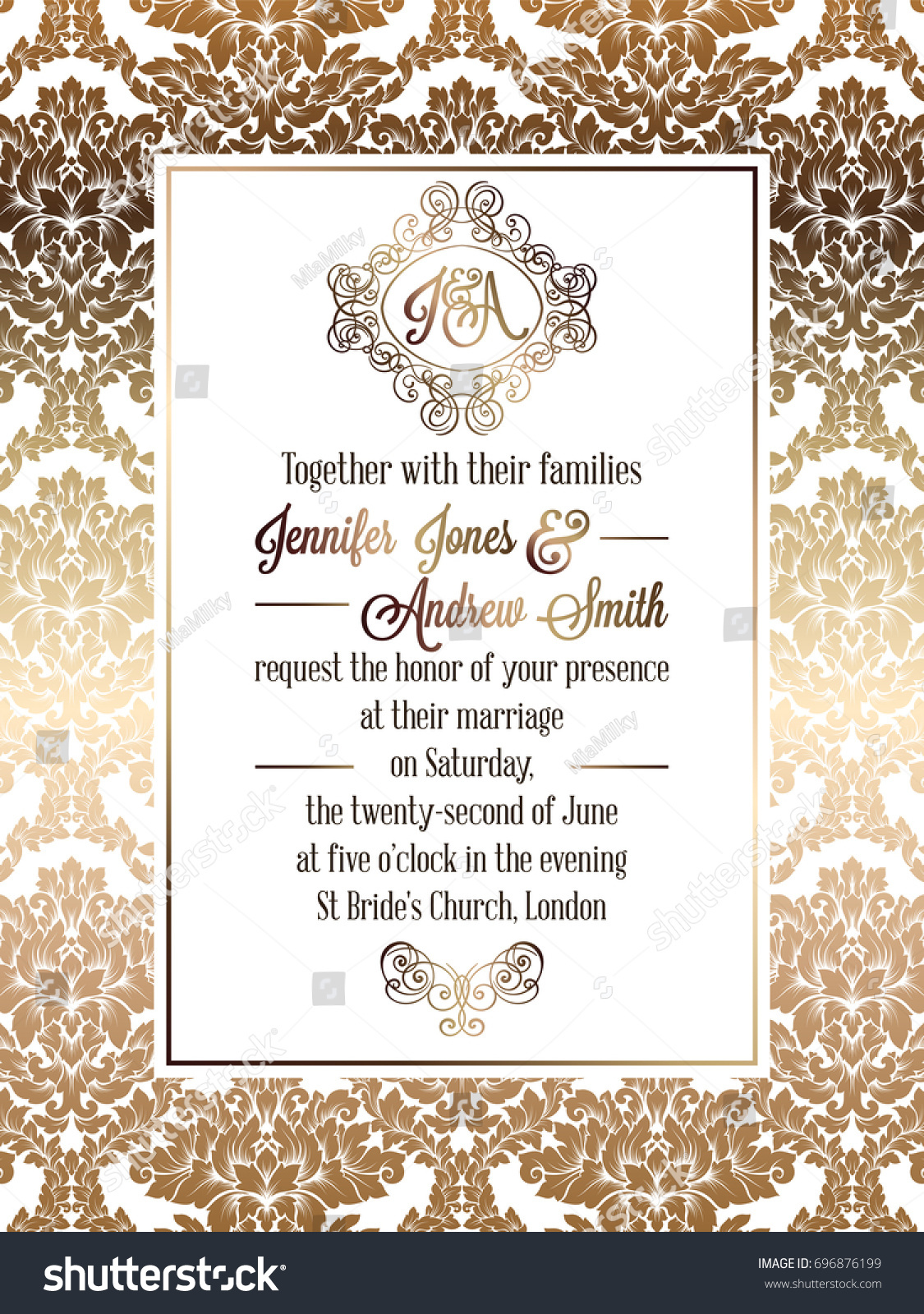 Vintage baroque style wedding invitation card template.. Elegant formal design with damask background, traditional decoration for wedding #696876199