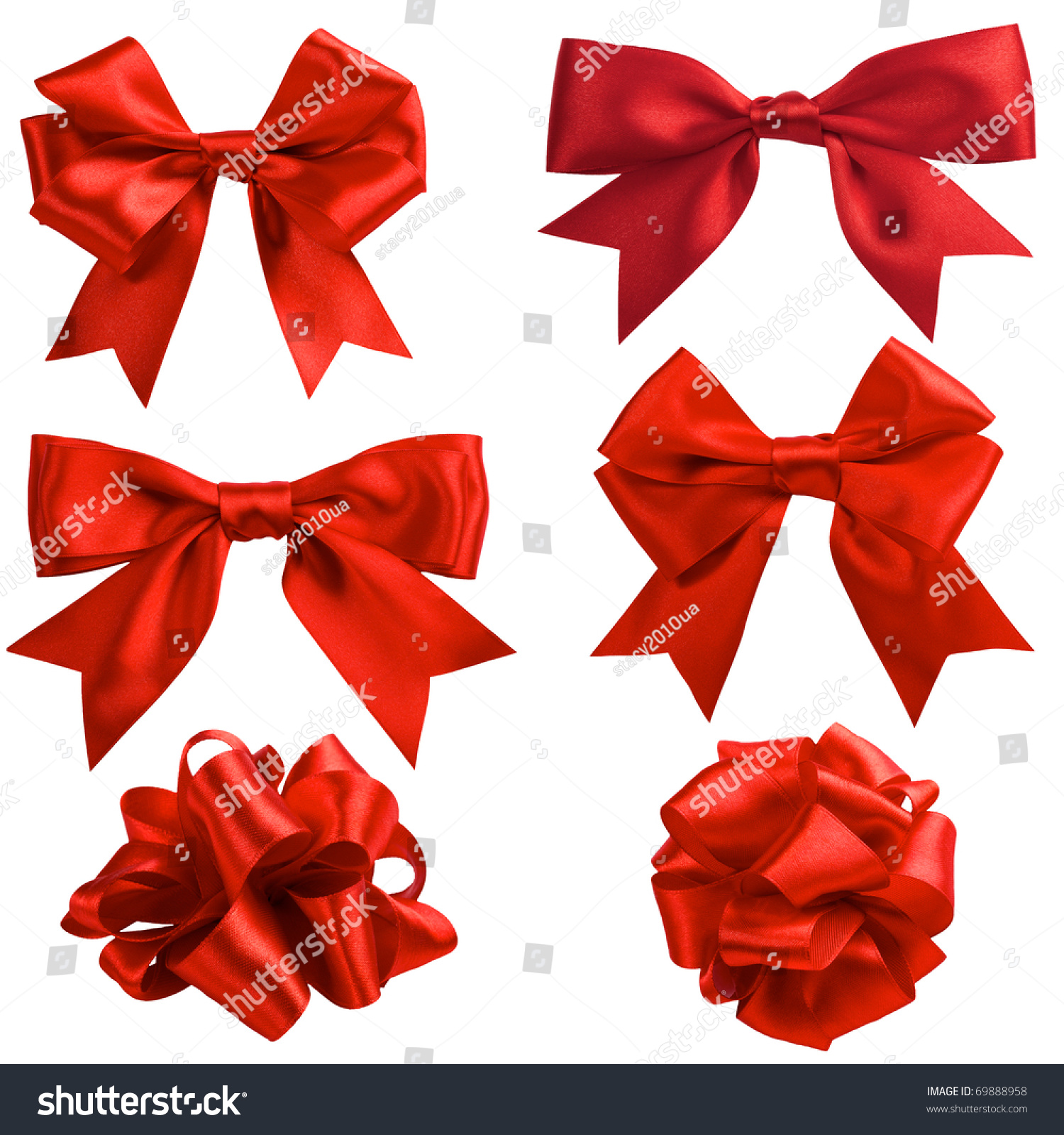 set of six red ribbon satin bows isolated on white #69888958
